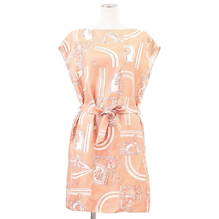 HERMES エルメス ワンピース シルク100％ 製 En Desordre Finesse 無秩序 フィネス ノースリーブ スクエアネック ベルテッド チュニック ドレス ベルト付属 レディース サイズ 36 ピンクベージュ イタリア製