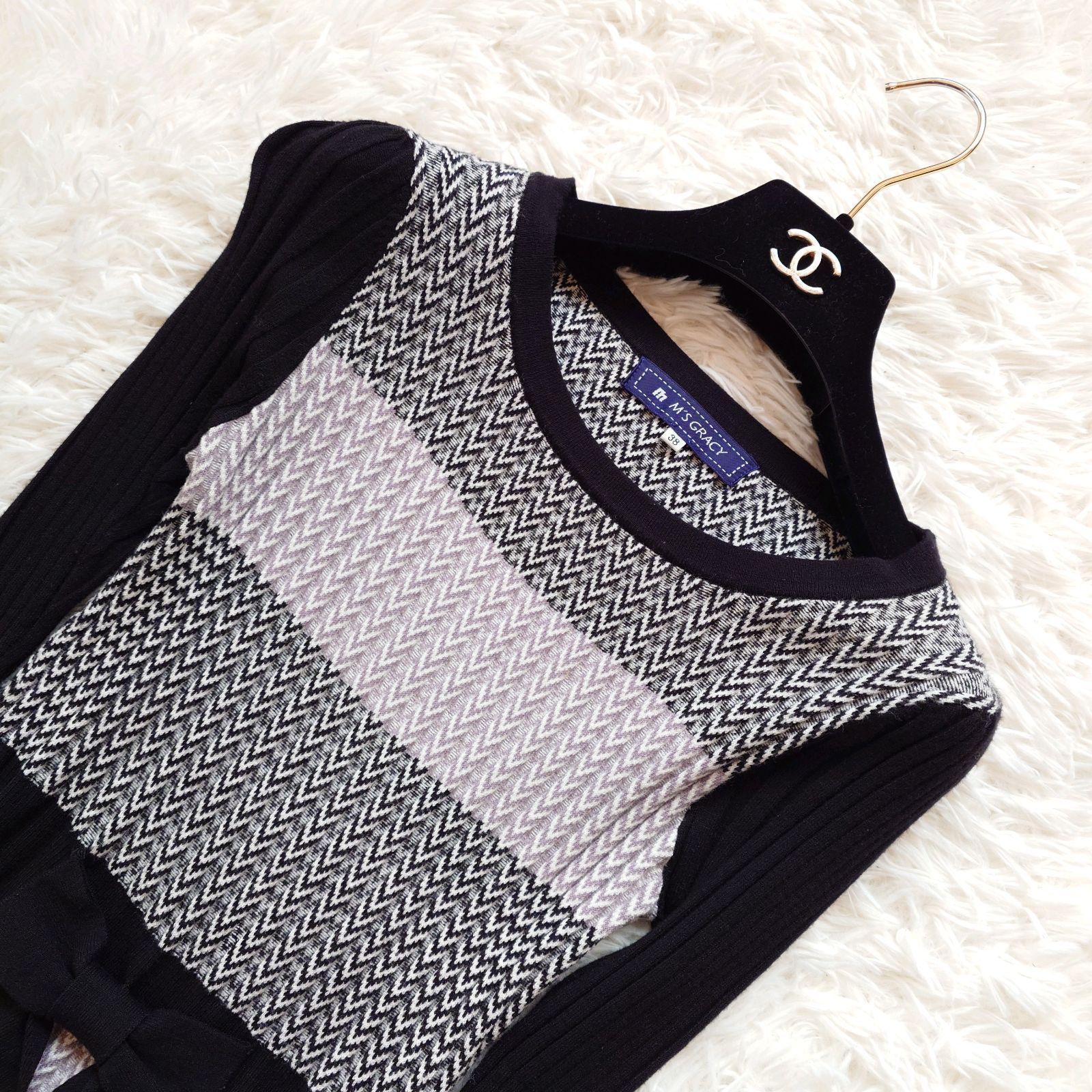 エムズグレイシー M S GRACY リブ ニット セーター ヘリンボーン 伸縮性 レーヨン ポリエステル リボン ブラック 黒 38
