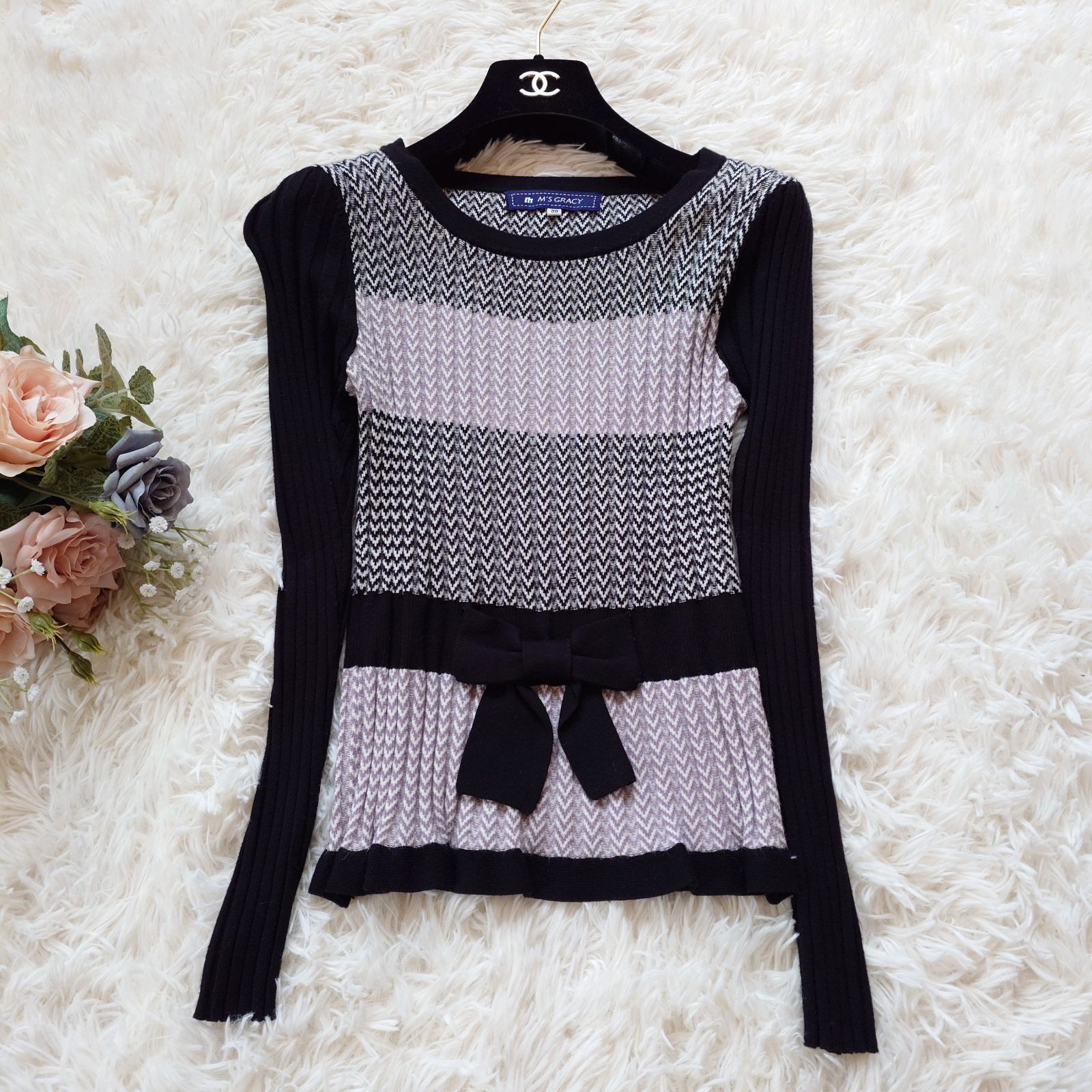 エムズグレイシー M S GRACY リブ ニット セーター ヘリンボーン 伸縮性 レーヨン ポリエステル リボン ブラック 黒 38