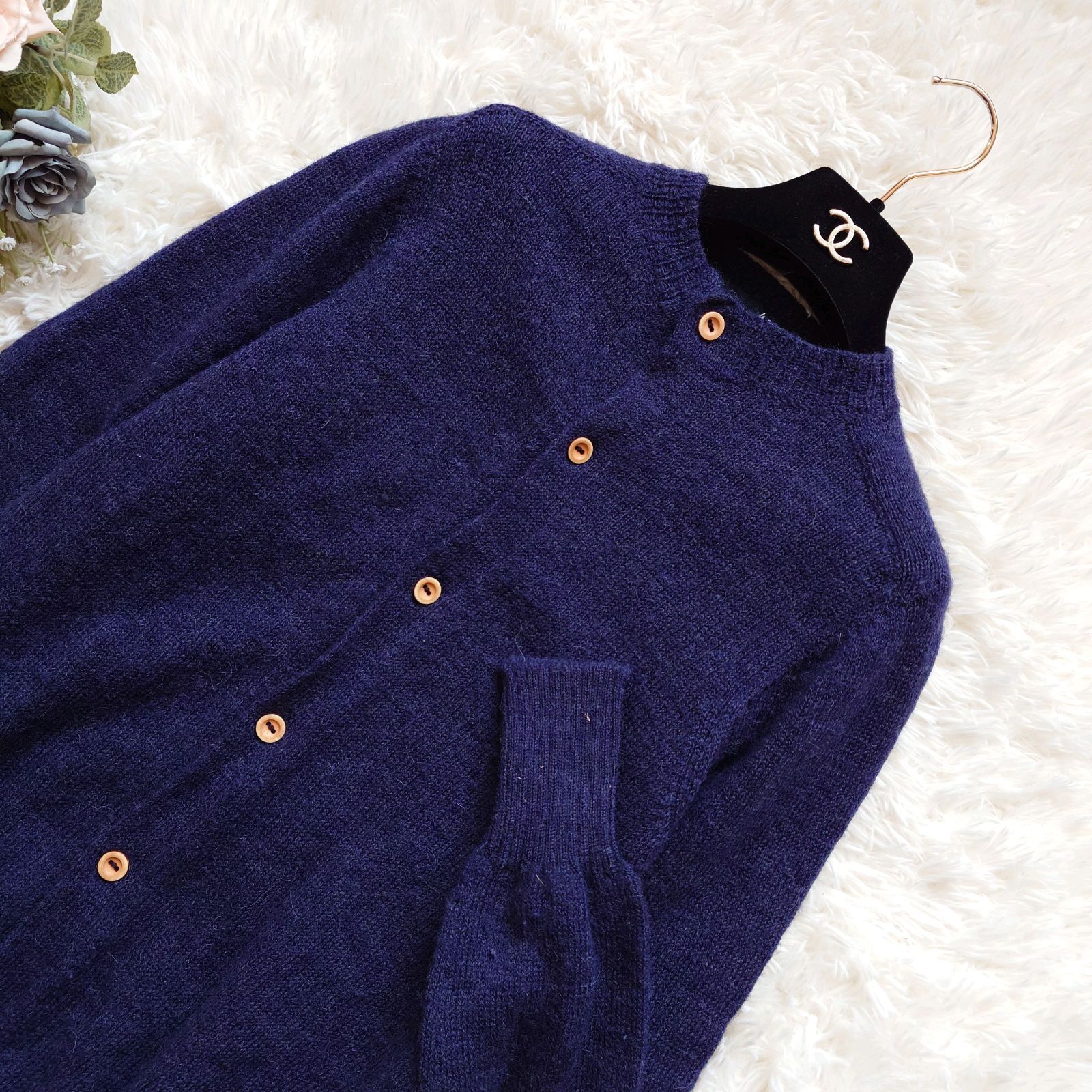 45R　ロングカーディガン　アルパカ　ニット　ネイビー　サイズ3　45rpm 45R 45rpm アルパカ ウール 華夏 長袖 クルーネック ロング