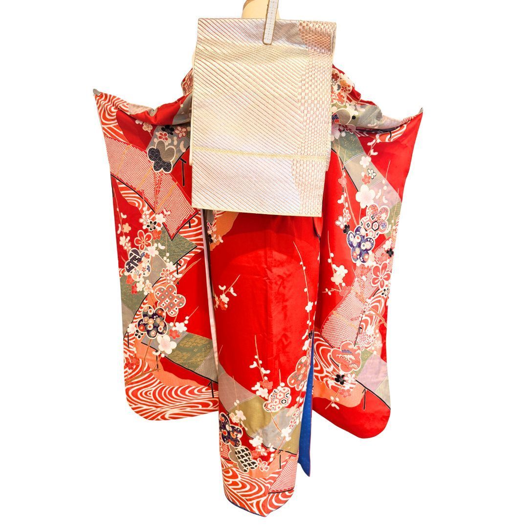 振袖 6点 フルセット 赤地 古典柄 梅 正絹 成人式 結婚式 前撮り 身丈164 cm レトロ ポップ 柄 個性的 furisode kimono set