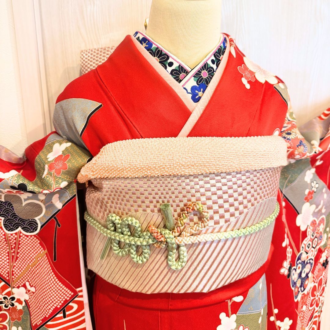  振袖 6点 フルセット 赤地 古典柄 梅 正絹 成人式 結婚式 前撮り 身丈164 cm レトロ ポップ 柄 個性的 furisode kimono set 振袖 着物