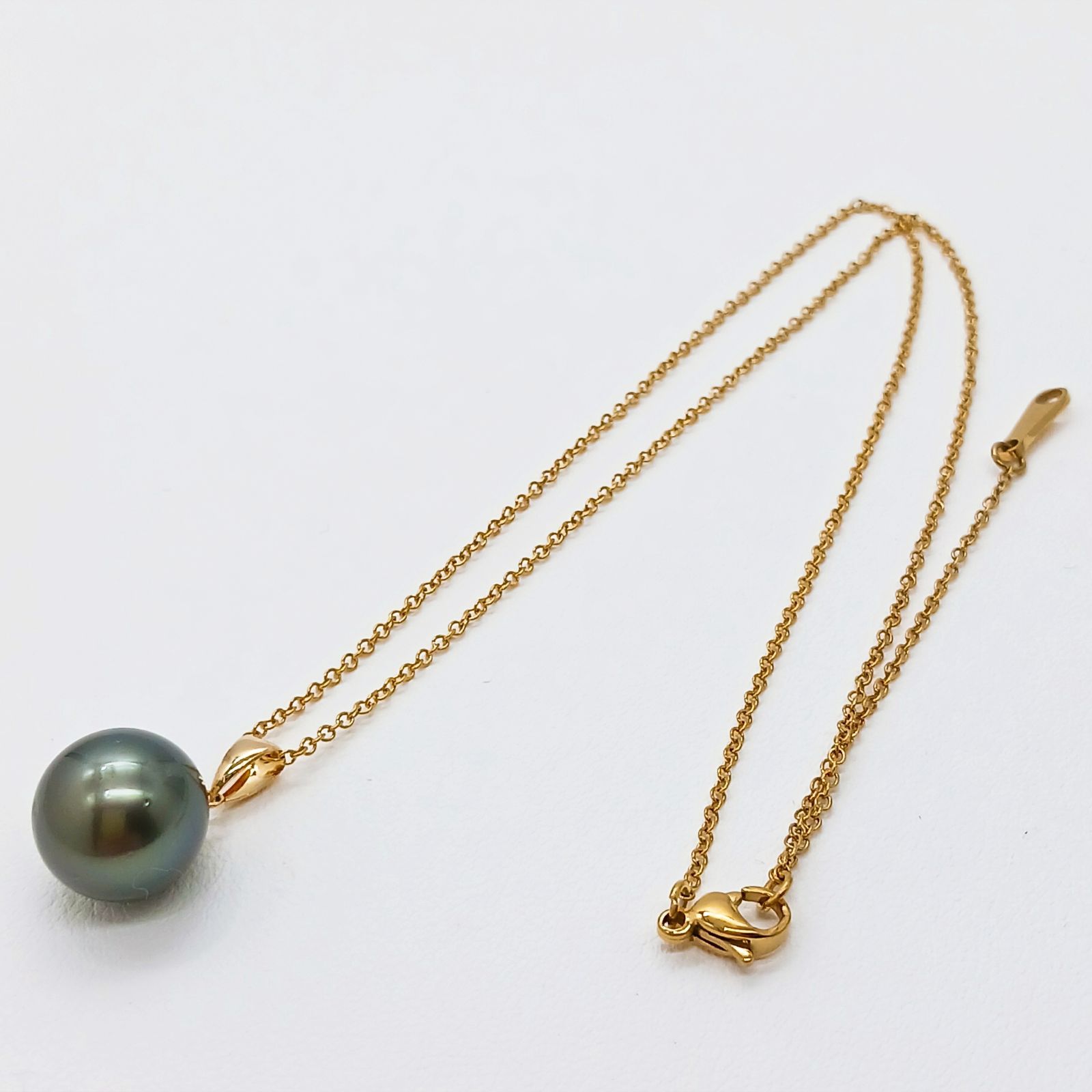 SKパール】ステンレスチェーン付きK18南洋黒蝶真珠ペンダント・11、9