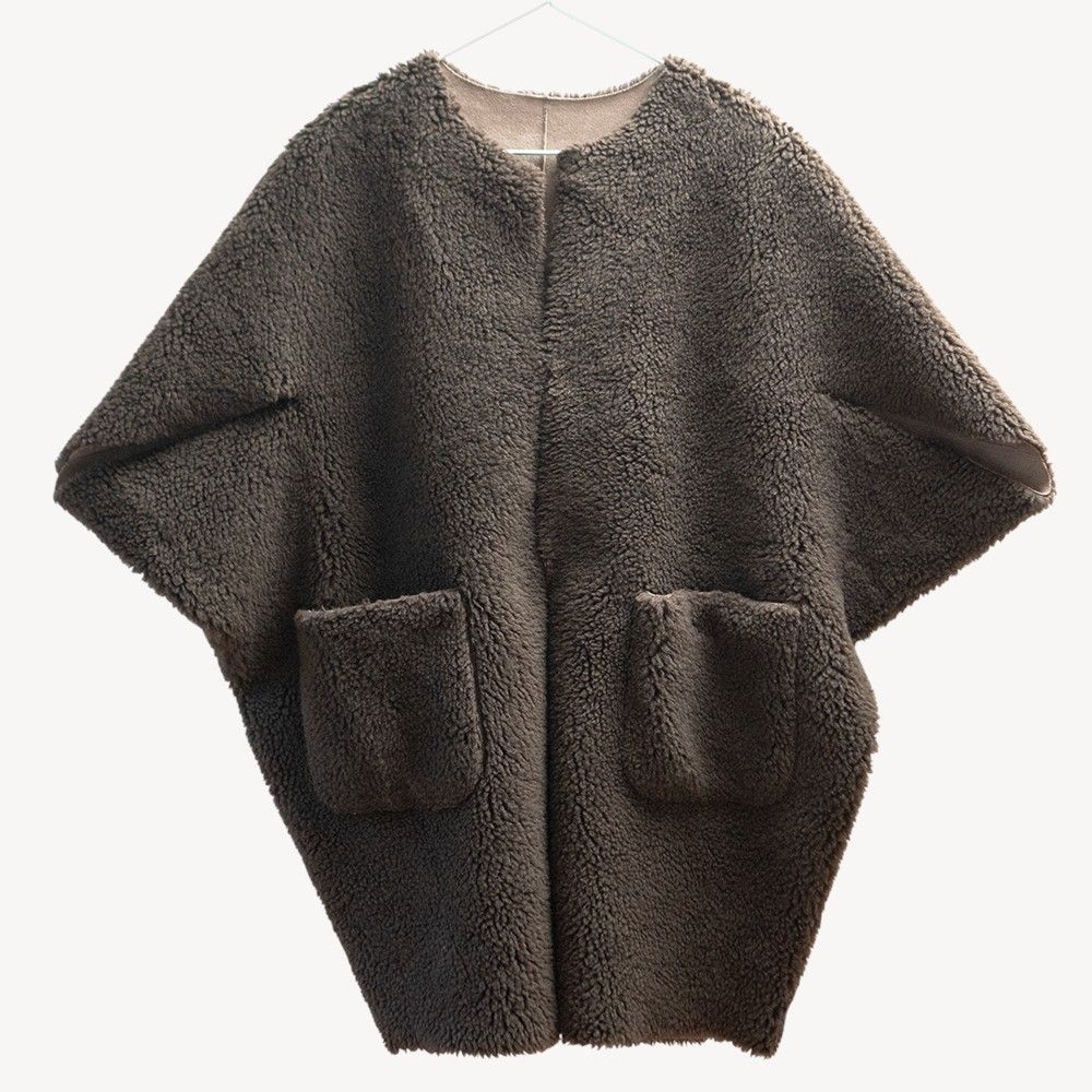 AKTE アクテ リバーシブル ボア×スエード調 ケープ コート ブラウン ポンチョ ノー ベージュフリーサイズ ブランド古着 2712257