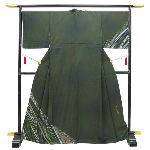 作家物 訪問着 斉藤三才 落款 青緑ぼかし染め 三才鳥 袷 正絹 中古】 訪問着 着物 リサイクル 斉藤三才 作家物 落款有り フォーマル