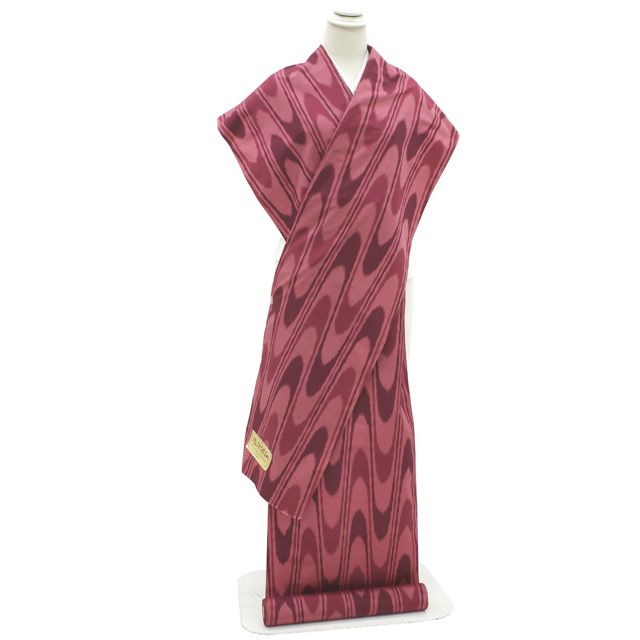 すごい値 銘仙 着物 反物 着尺 正絹 京都 遊粋銘仙 アンティーク復刻 赤茶 ピンクベージュ 波線 長羽織にも カジュアル 未仕立て 春 秋 冬 袷 単衣 どちらにも お仕立てＯＫリサイクル すごいね みやがわ nem 00174