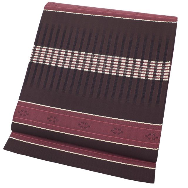 すごい値 袋帯 長尺 リサイクル 正絹 京都 西陣 こげ茶 赤紫 間道 花織風 ロングサイズ カジュアル 上質 仕立て上がり 春 秋 冬 六通柄 リユース すごいね みやがわ neb 01598