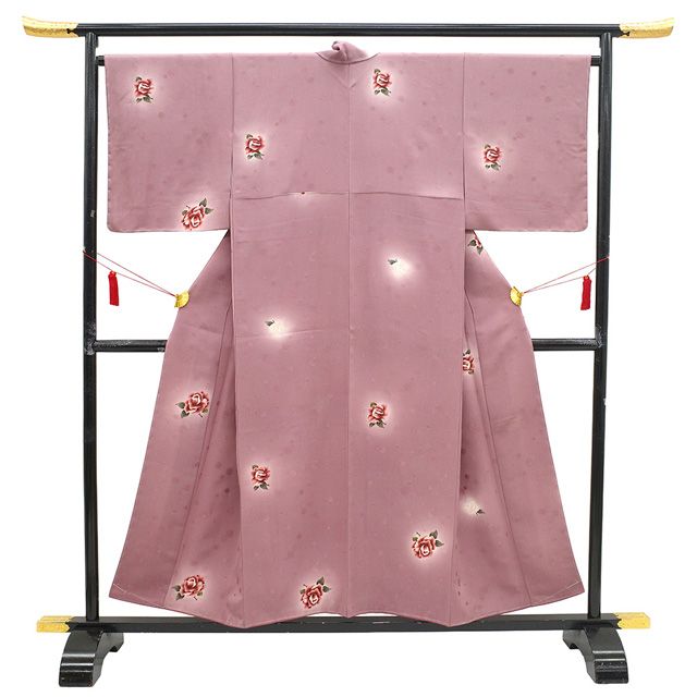 小紋 着物 正絹 袷 京友禅 銀彩加工 手染め ライラック色 浅蘇芳色 薔薇 花 地紋 水玉 丹後ちりめん カジュアル 春 秋 冬 上質 仕立て上がり 身丈156 裄丈66 Ｍサイズ みやがわ sb 16767