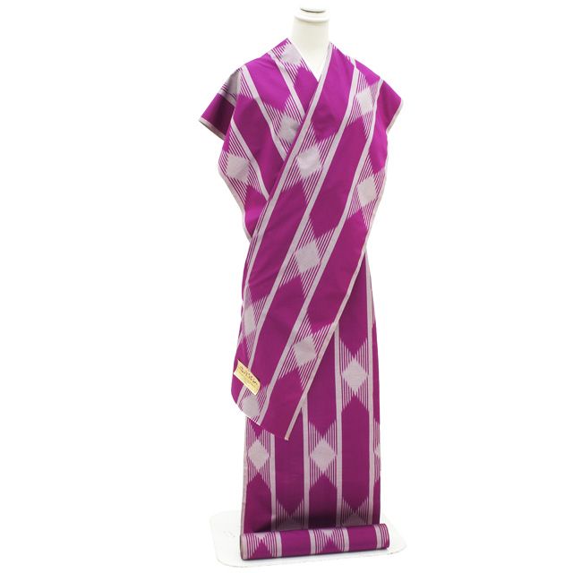 すごい値 銘仙 着物 反物 着尺 正絹 京都 遊粋銘仙 アンティーク復刻 赤紫 縞 菱 長羽織にも カジュアル 未仕立て 春 秋 冬 袷 単衣 どちらにも お仕立てＯＫ すごいね みやがわ nem 00173