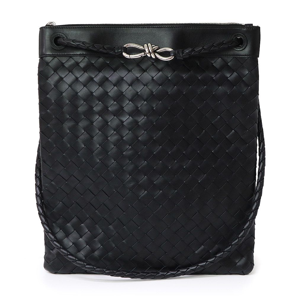 （未使用　展示品）ボッテガヴェネタ BOTTEGA VENETA イントレチャート フラット アンディアーモ メッセンジャー 斜め掛け 2WAY ショルダー ハンドバッグ カーフスキン レザー ブラック シルバー金具 806490 ボッテガヴェネタ イントレチャート フラット アンディアーモ