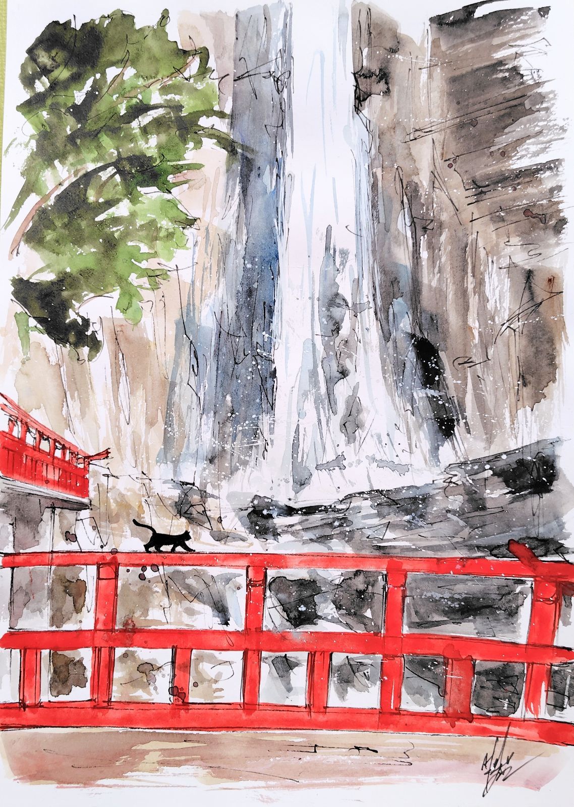 原画#44 黒猫 滝 和歌山 水彩画 ドローイング インテリア 日本 アート
