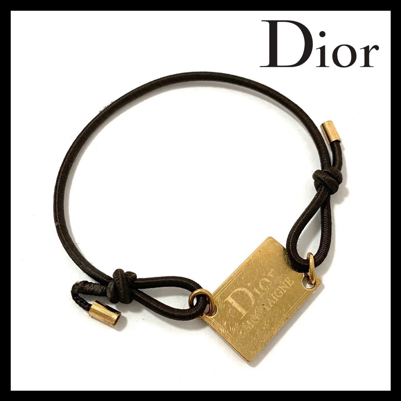 M【Dior】ロゴ プレート ブレスレット ゴム ブラウン/茶 ゴールド/金 
