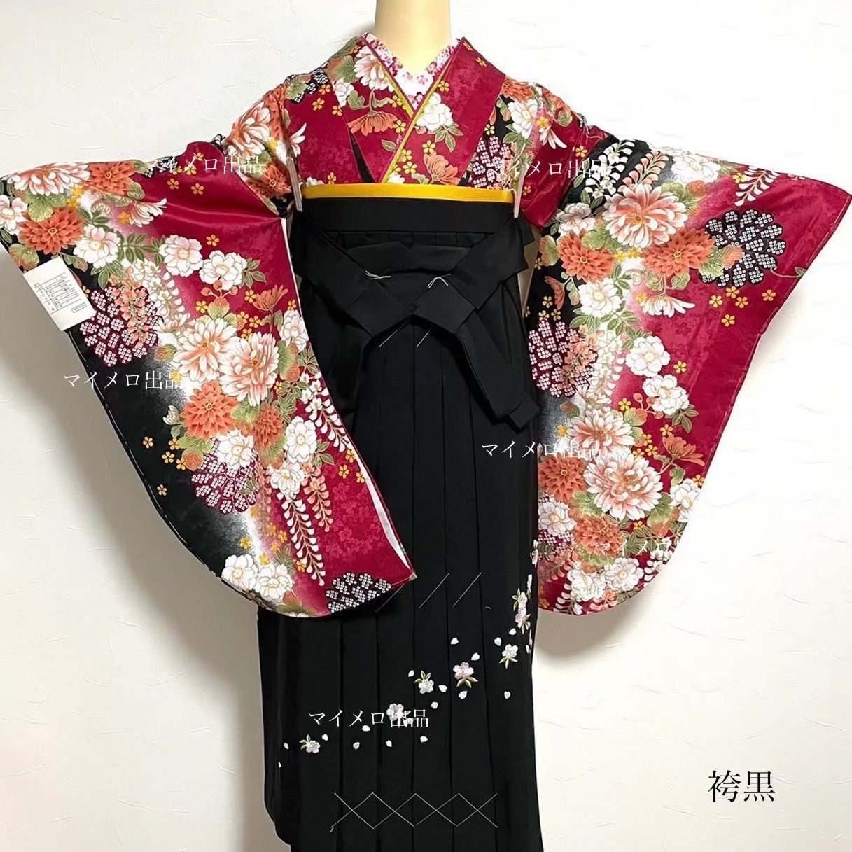 卒業式袴セット 袴4点セット 袴セット 赤黒 絞り風 絞り風模様 しぼり調 二尺袖セット 袴用着物 卒業式 長襦袢ショート丈 着物 袴下帯 袴用長襦袢 袴 黒 和装 きれいめコーデ 袴黒 NO 6