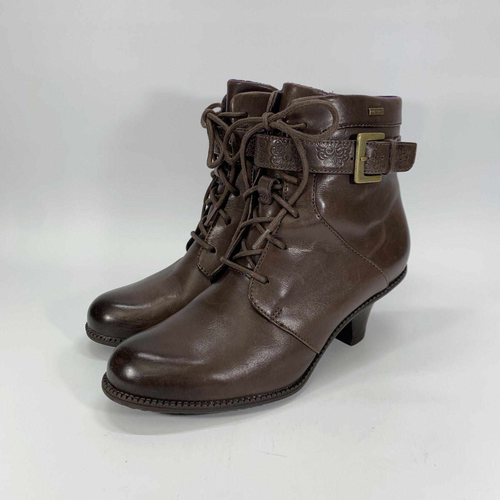 ◯ Clarks クラークス ショートブーツ レースアップ サイドジップ ヒール ブラウン ゴアテックス UK 3 5 22 相当 GORE TEX ベルト