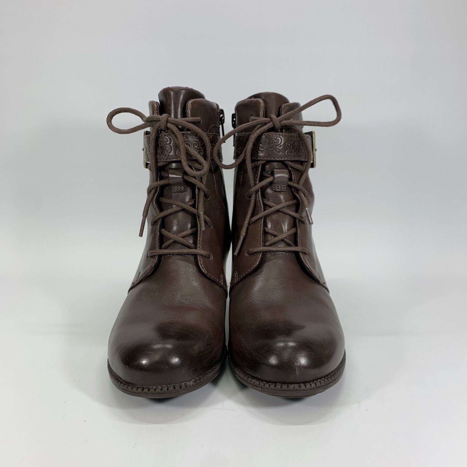 ◯ Clarks クラークス ショートブーツ レースアップ サイドジップ ヒール ブラウン ゴアテックス UK 3.5 22.5 相当 GORE-TEX ベルト