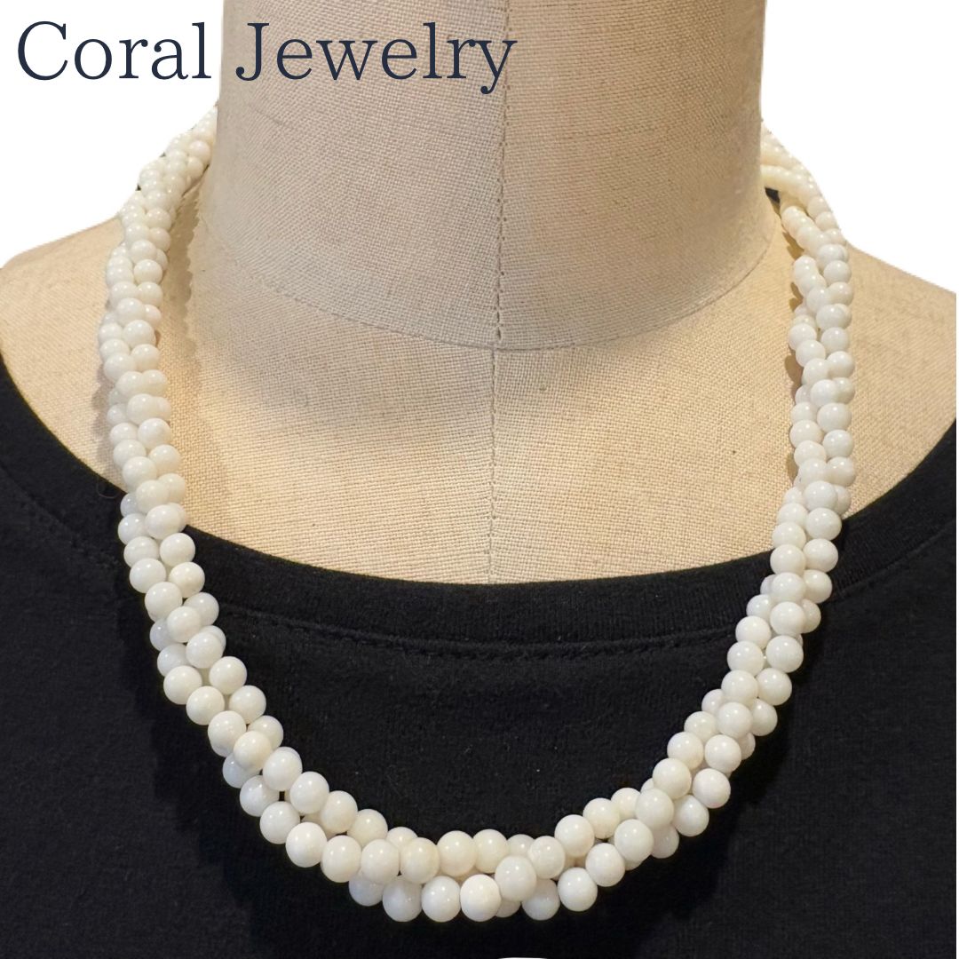 天然白珊瑚 3連ネックレス 約52cm｜4〜5mm珠 シルバー金具 上品