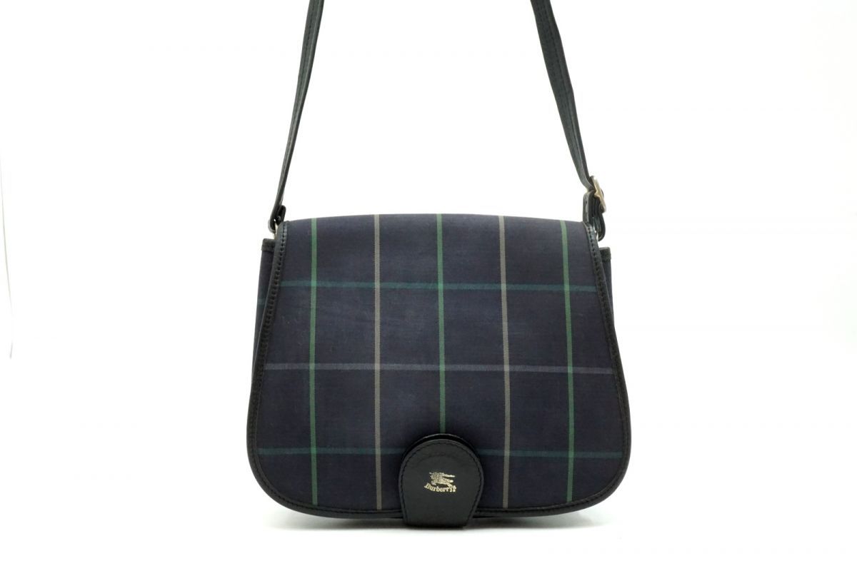 バーバリー ヴィンテージ ショルダーバッグ チェック フラップ Unisex レザー 紺 ネイビー Burberrys 4804 h