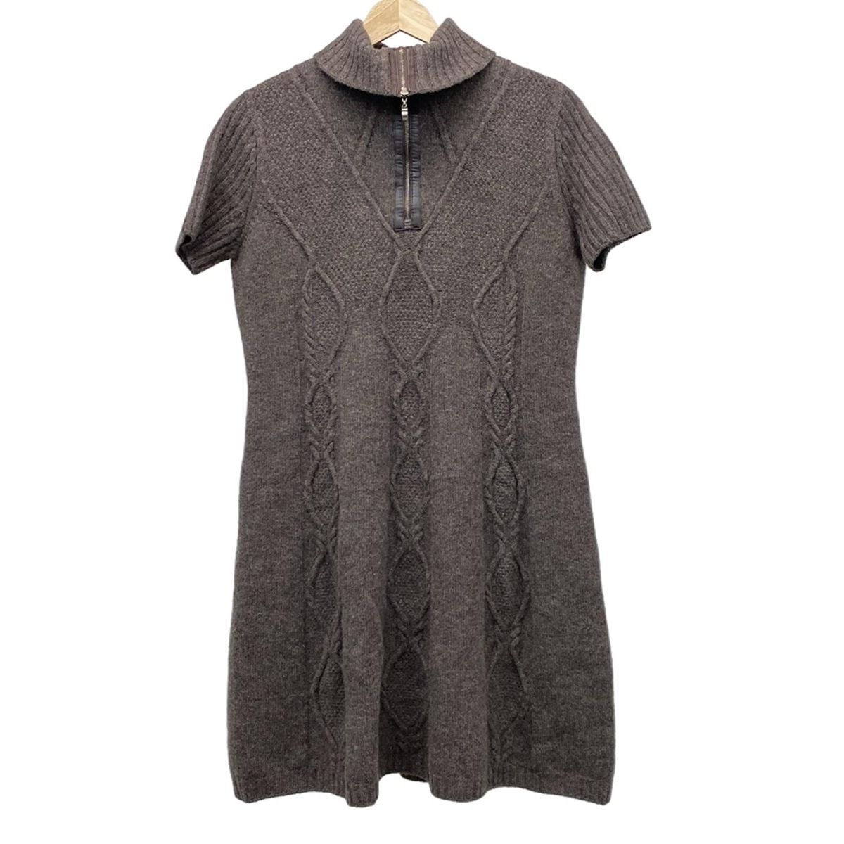 レリアン ワンピース サイズ9 M レディース - グレーベージュ×ダークブラウン 半袖 ひざ丈 ニット カシミヤ混 一部フェイクレザー