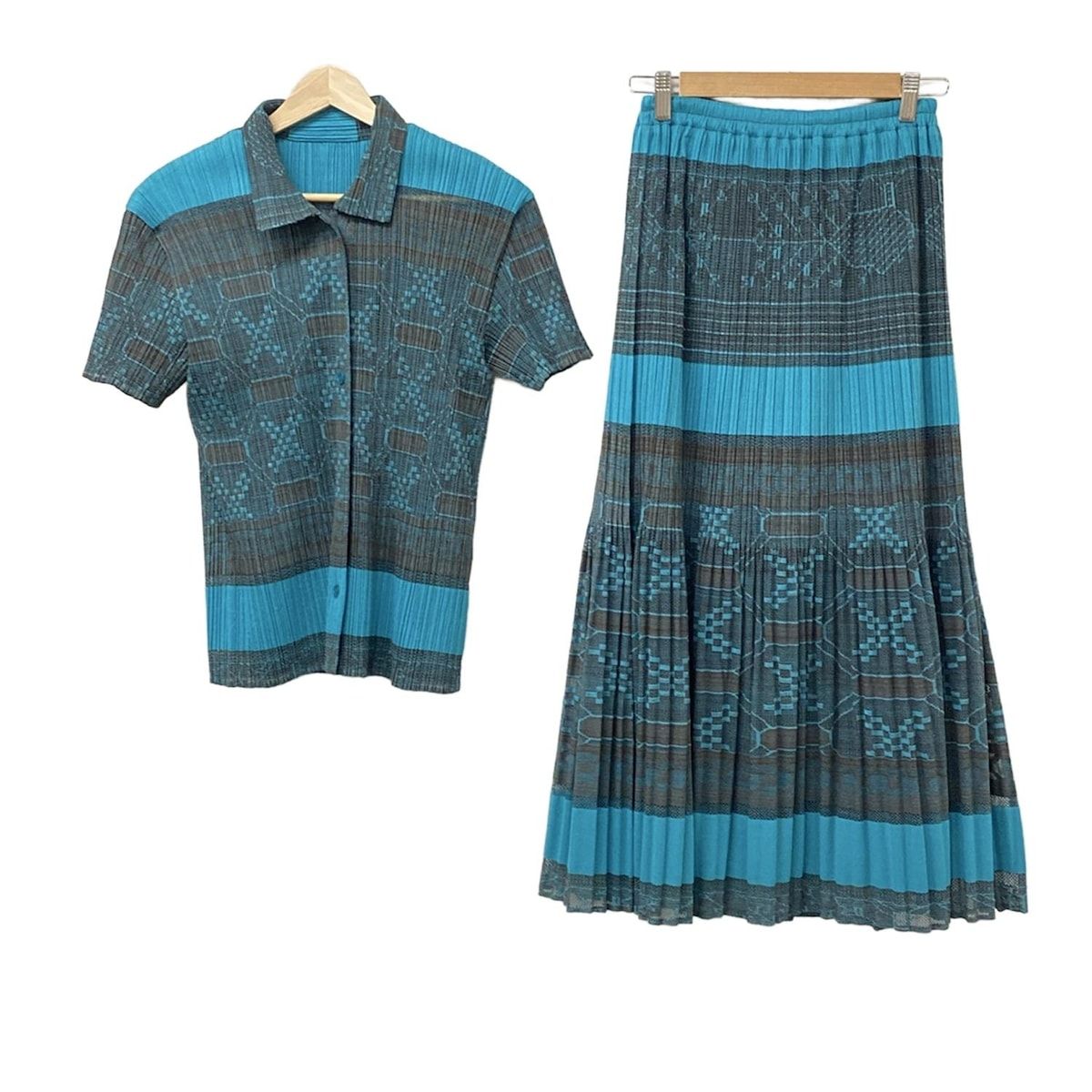 プリーツプリーズ スカートセットアップ レディース - PP 22-JE 831 22-JG 836 ブルーグリーン×ブラウン プリーツ ウエストゴム