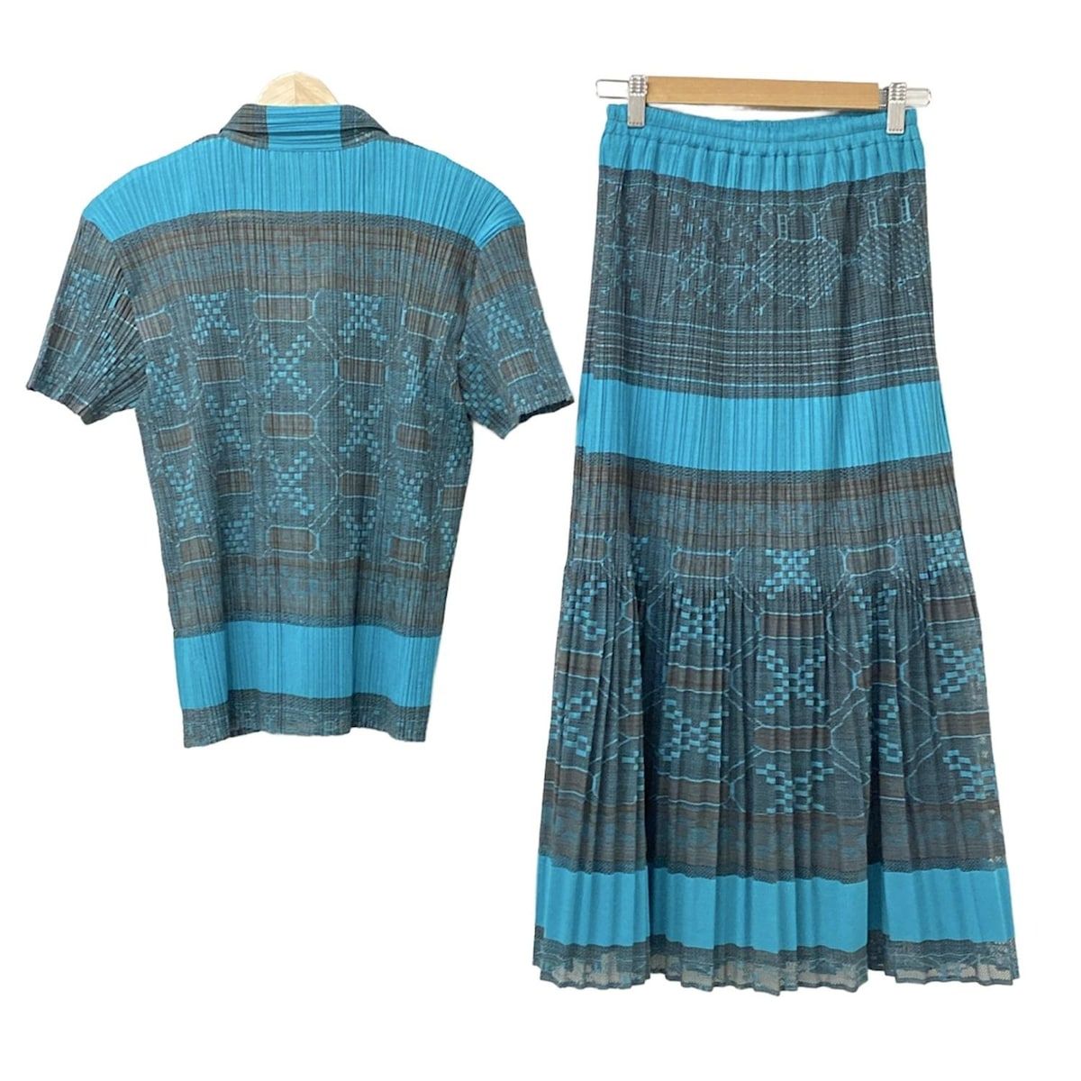 プリーツプリーズ スカートセットアップ レディース - PP 22-JE 831 22-JG 836 ブルーグリーン×ブラウン プリーツ ウエストゴム