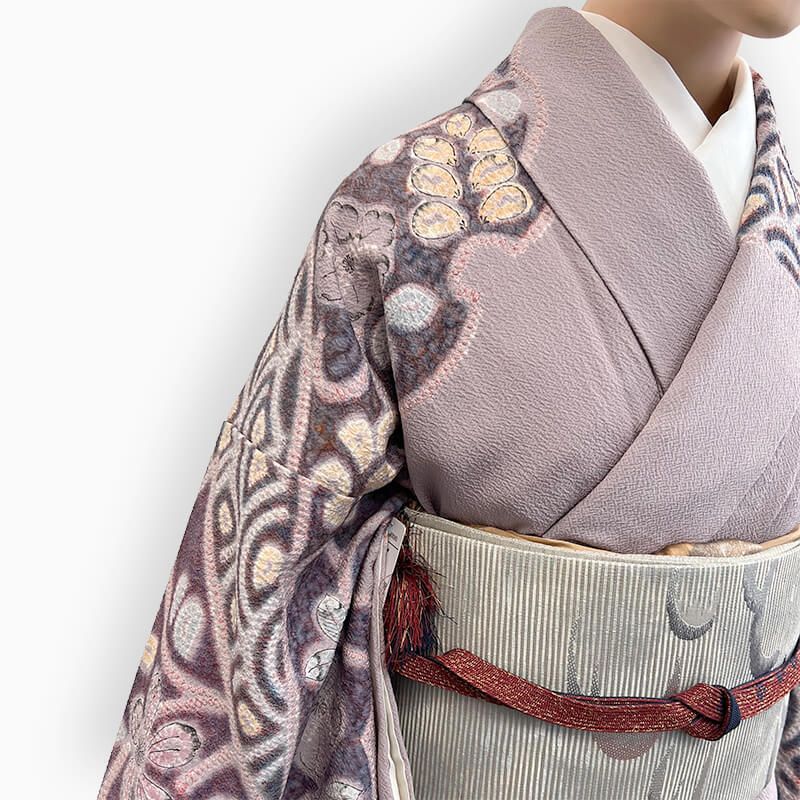 最終値下げ（新品未使用）辻が花と雪輪　正絹六通袋帯　きものやまと謹製 訪問着 袋帯 4点セット 袷 レディース 正絹 灰紫 辻が花 雪輪柄 身丈