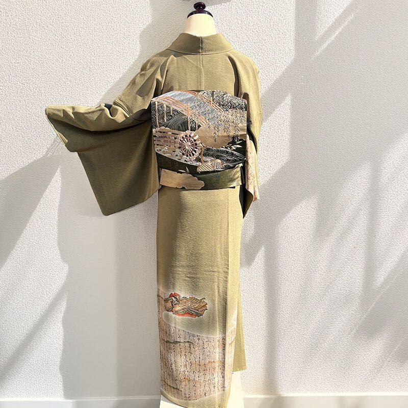 訪問着 袋帯 2点セット 袷 レディース 正絹 灰緑 楢本伊勢蔵 時代柄