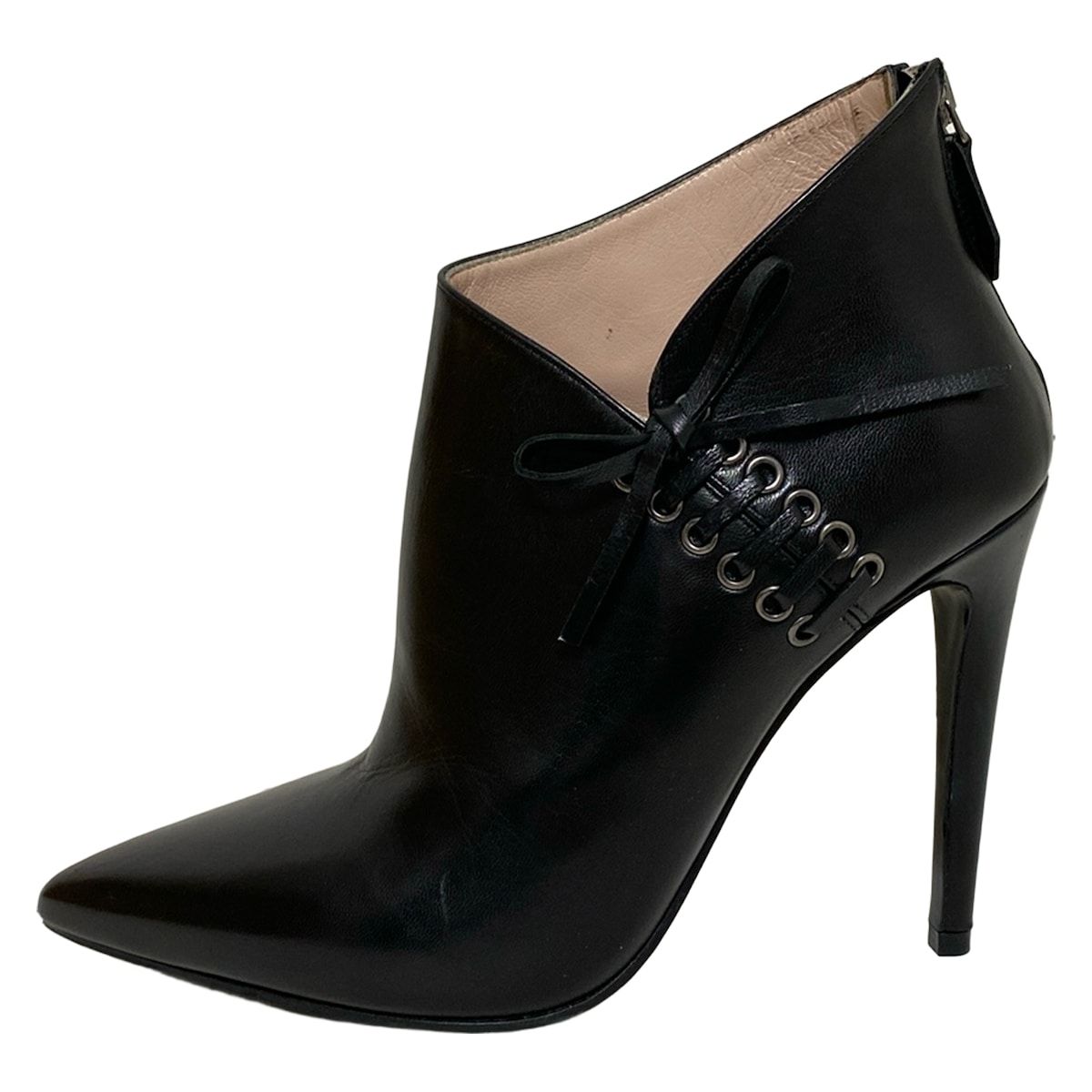 miumiu ミュウミュウ ブーティ 36 レディース 黒 リボン レザー