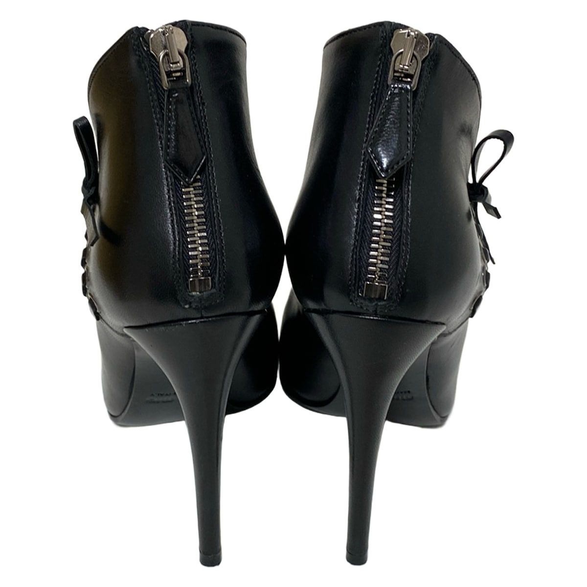  miumiu ミュウミュウ ブーティ 36 レディース - 黒 リボン レザー ブーティ ブーツ