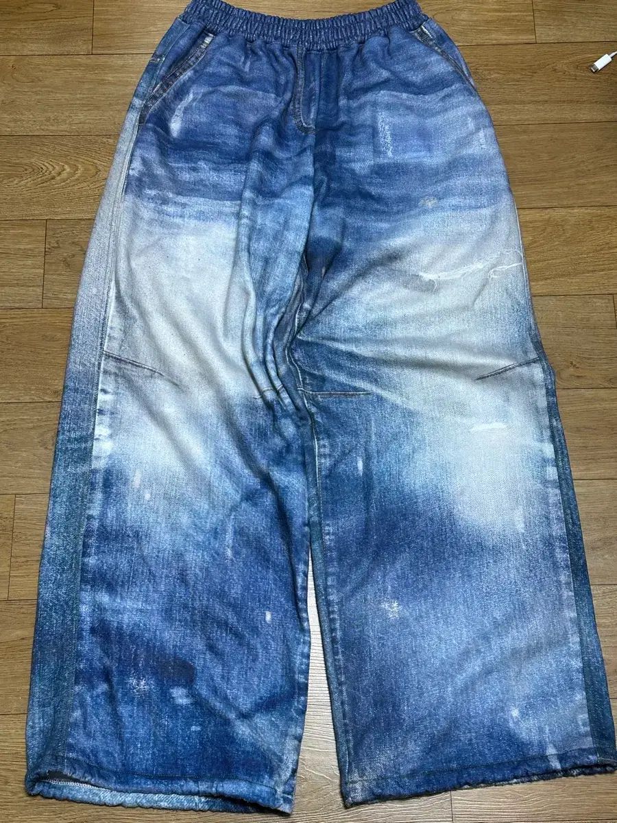 オープンワイワイ デニムエフェクト ワイド スウェットパンツ ブルー 2