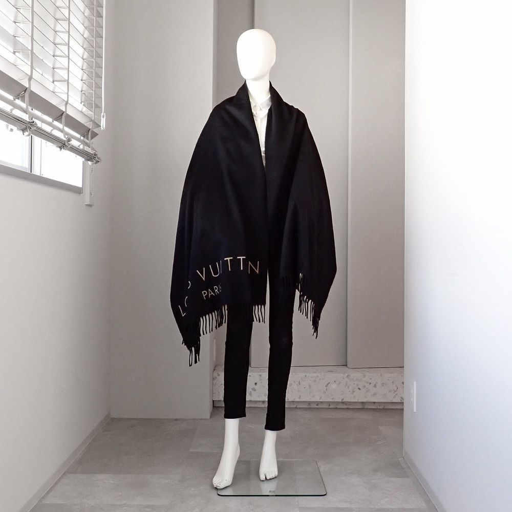  ルイヴィトン ロゴ カシミア ストール 大判 マフラー ユニセックス ブラック フリンジ ストール 小物