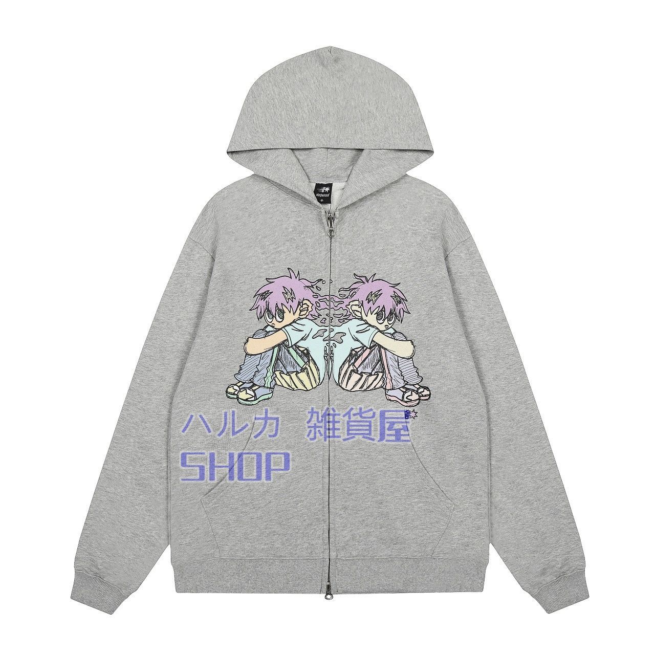 韓国Niceghostclub NGC柳智敏 リュ ジミン 同グラフィティアニメガールプリントキャップジッパーパーカーゆったりオーバーオールパーカー