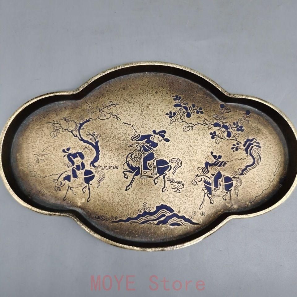 銅 細工 中国茶器 樹紋狩猟図 銅盤 果盤 茶盤銅 茶道具 置物gy 1216