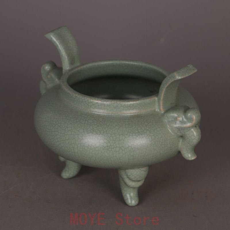 宋汝窯 青釉双耳竜頭三足香炉 景徳鎮 陶磁器 装飾品 現代工芸品 美術品