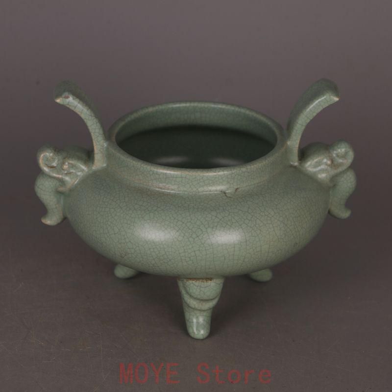 宋汝窯 青釉双耳竜頭三足香炉 景徳鎮 陶磁器 装飾品 現代 置物gy 1216