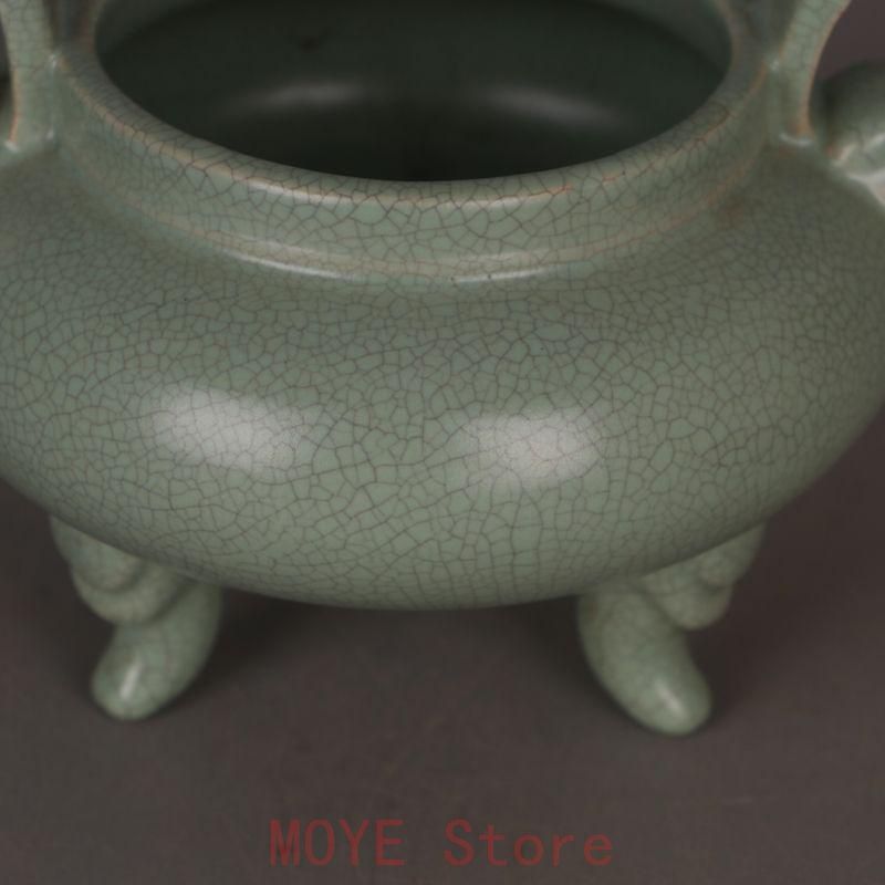 宋汝窯 青釉双耳竜頭三足香炉 景徳鎮 陶磁器 装飾品 現代工芸品 美術品