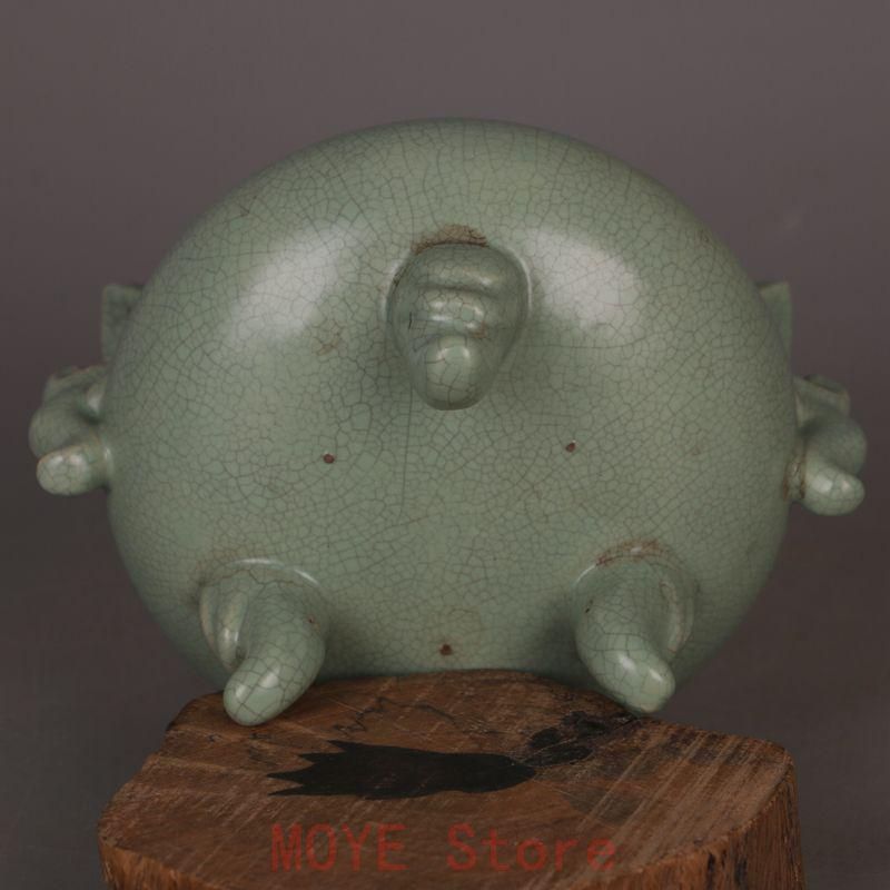 宋汝窯 青釉双耳竜頭三足香炉 景徳鎮 陶磁器 装飾品 現代工芸品 美術品