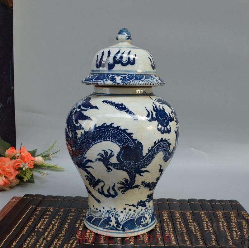 青花 竜戯珠 将軍缶 景徳鎮 陶磁器 装飾品 現代工芸品 美術品 置物