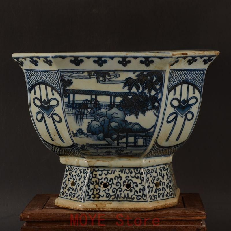青花開窓庭楼四方高脚鉢 陶磁器 装飾品 現代 置物gy 1216