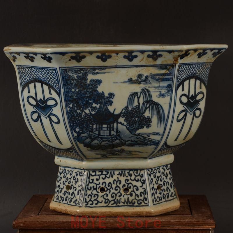 青花開窓庭楼四方高脚鉢 陶磁器 装飾品 現代工芸品美術品 置物 青花開窓庭楼四方高脚鉢 陶磁器 装飾品 現代工芸品美術品 置物gy1216