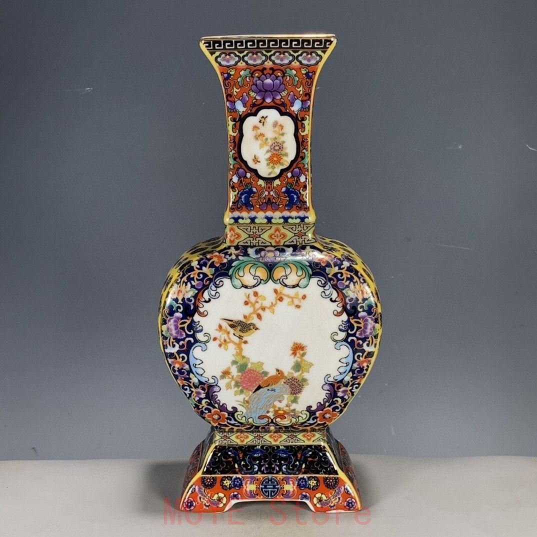 清代パステル蒔絵花鳥開窓扁腹尊瓶 景徳鎮 装飾品 現代工芸品美術品