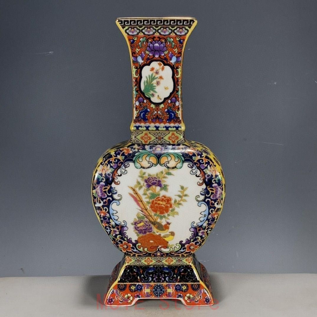 清代パステル蒔絵花鳥開窓扁腹尊瓶 景徳鎮 装飾品 現代工芸品美術品