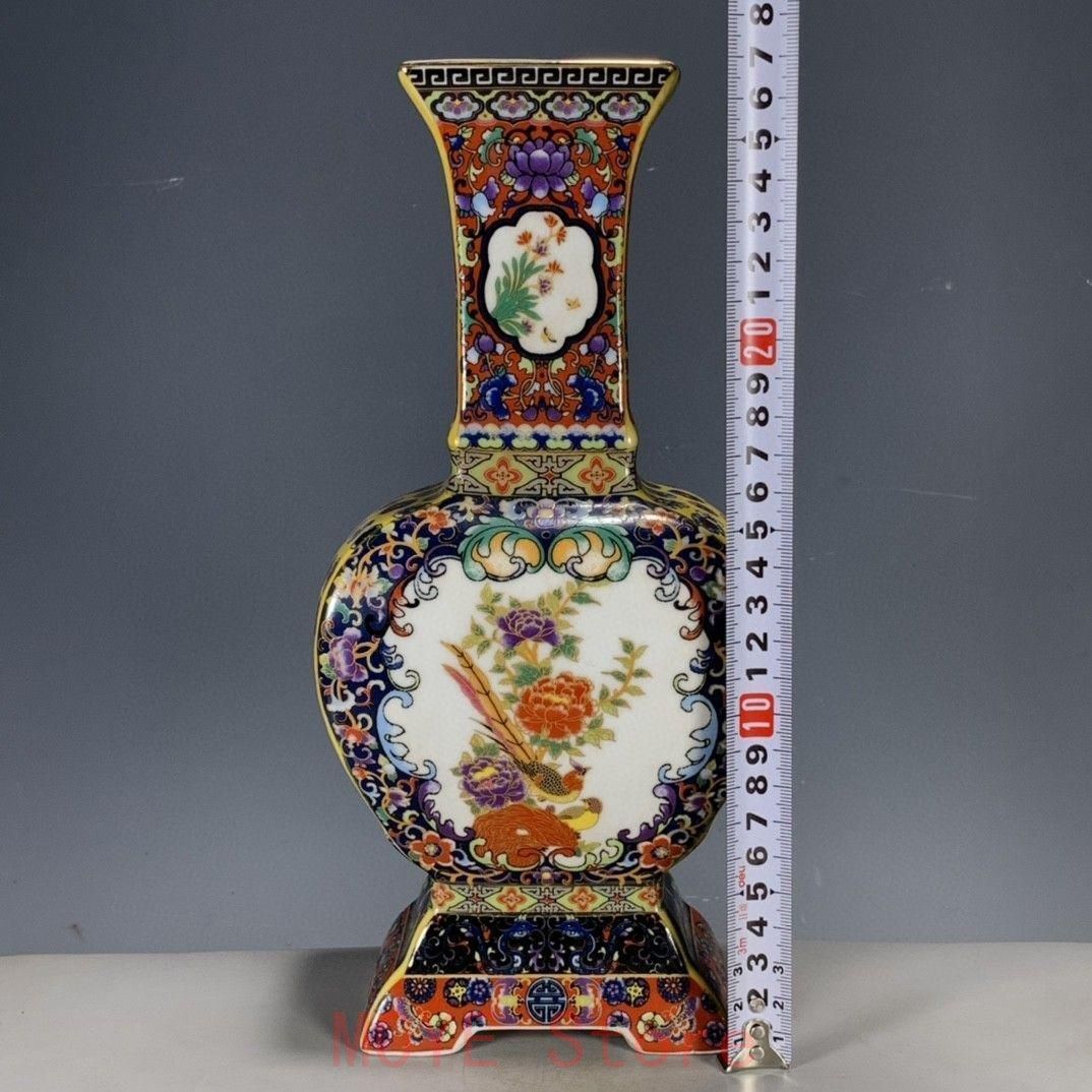 清代パステル蒔絵花鳥開窓扁腹尊瓶 景徳鎮 装飾品 現代工芸品美術品