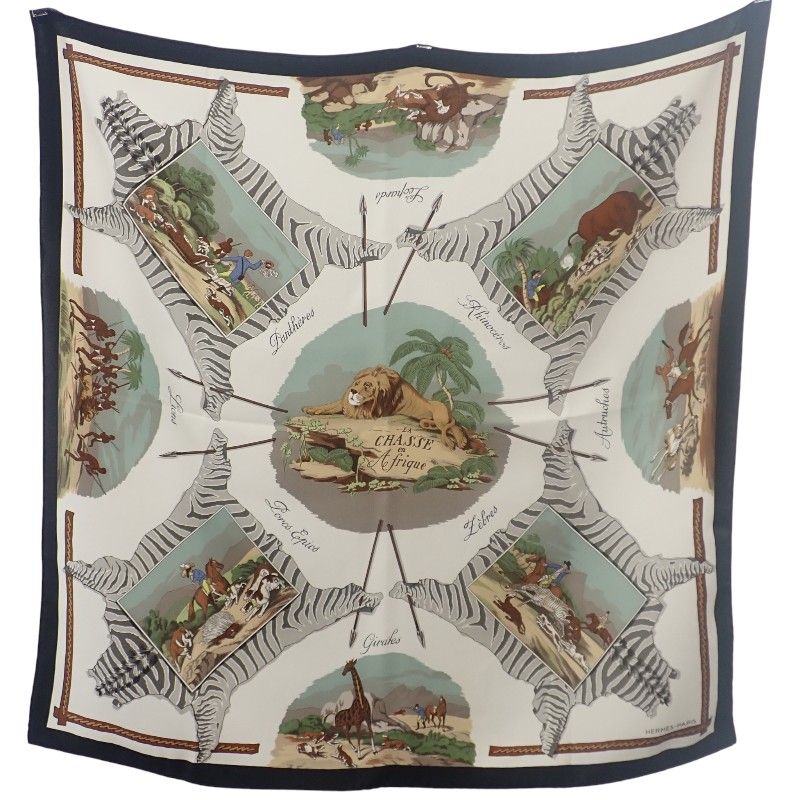 エルメス HERMES カレ70 LA CHASSE EN AFRIQUE スカーフ シルク ホワイト レディース Aランク