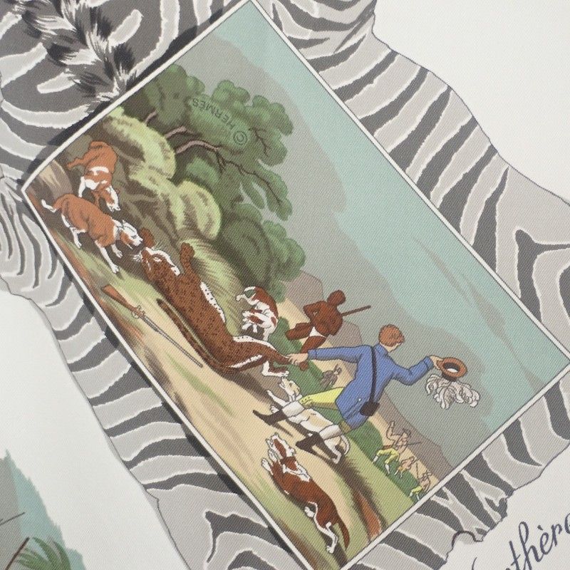 エルメス HERMES カレ70 LA CHASSE EN AFRIQUE スカーフ シルク ホワイト レディース Aランク