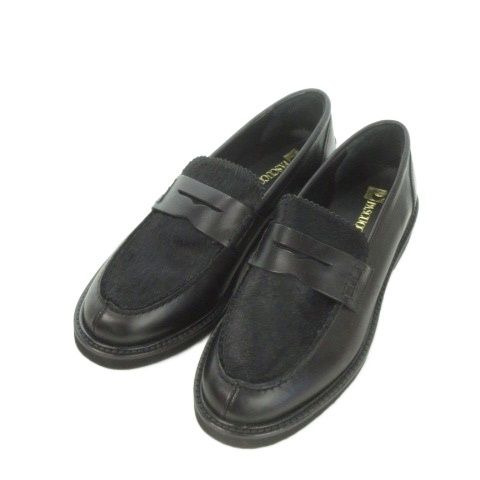 パスクッチ 靴 シューズ コインローファー レザー 切替 ハラコ 37 23.5 cm 黒 ブラック AH 7 GY 99