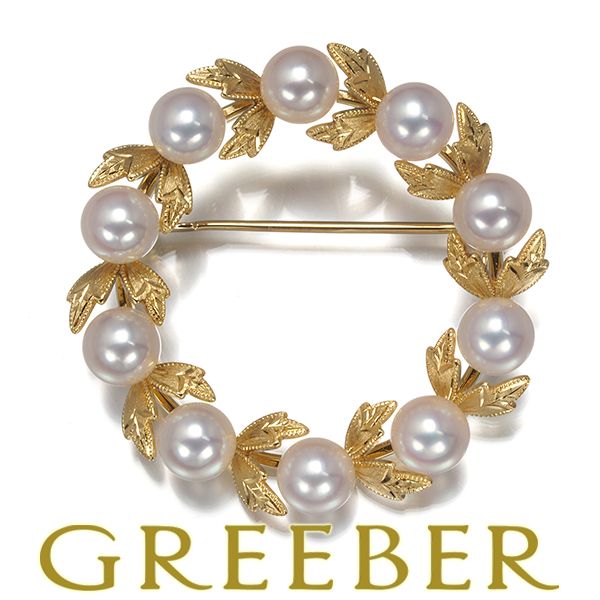 ミキモト ブローチ パール 真珠 5.8mm リーフ サークル リース K18YG