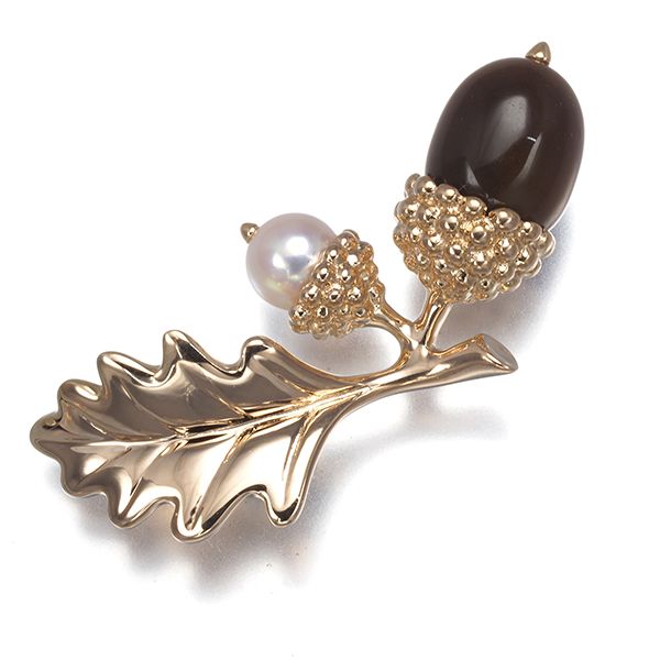 ミキモト ブローチ タイガーアイ ベビーパール 真珠 5.0 mm ドングリ ピン K 18 PG 181440