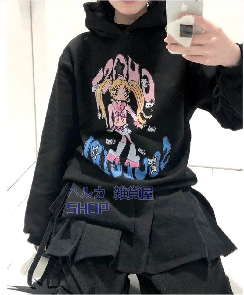 韓国Niceghostclub NGC林娜琏同グラフィティアニメ美少女プリント連帽パーカーゆったりフードシャツ男女同モデル