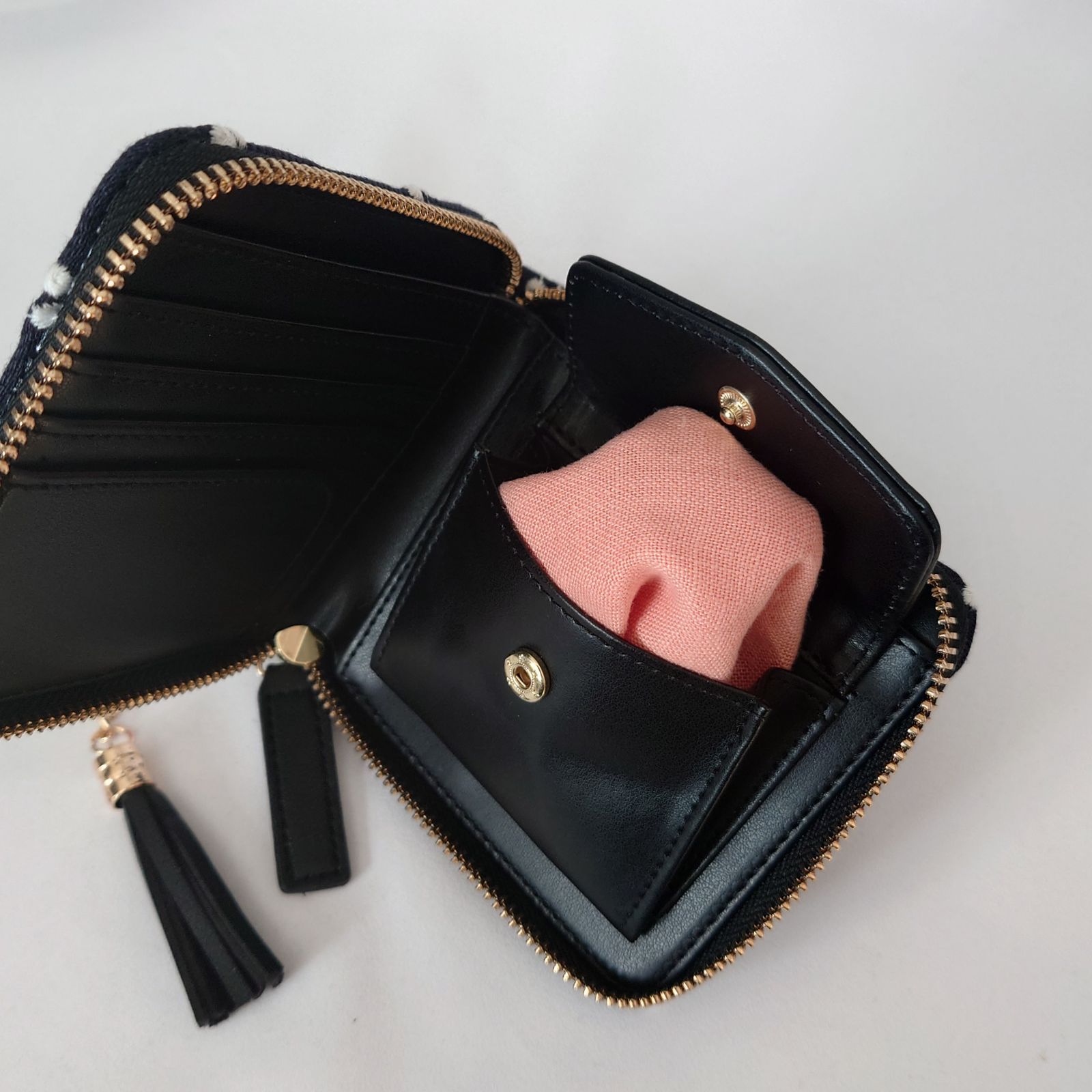  受注製作 ネイビー×ホワイト タンバリン タッセル付き二つ折り財布 ミナペルホネン ミニ財布 コンパクト財布 財布 ケース 小物入れ