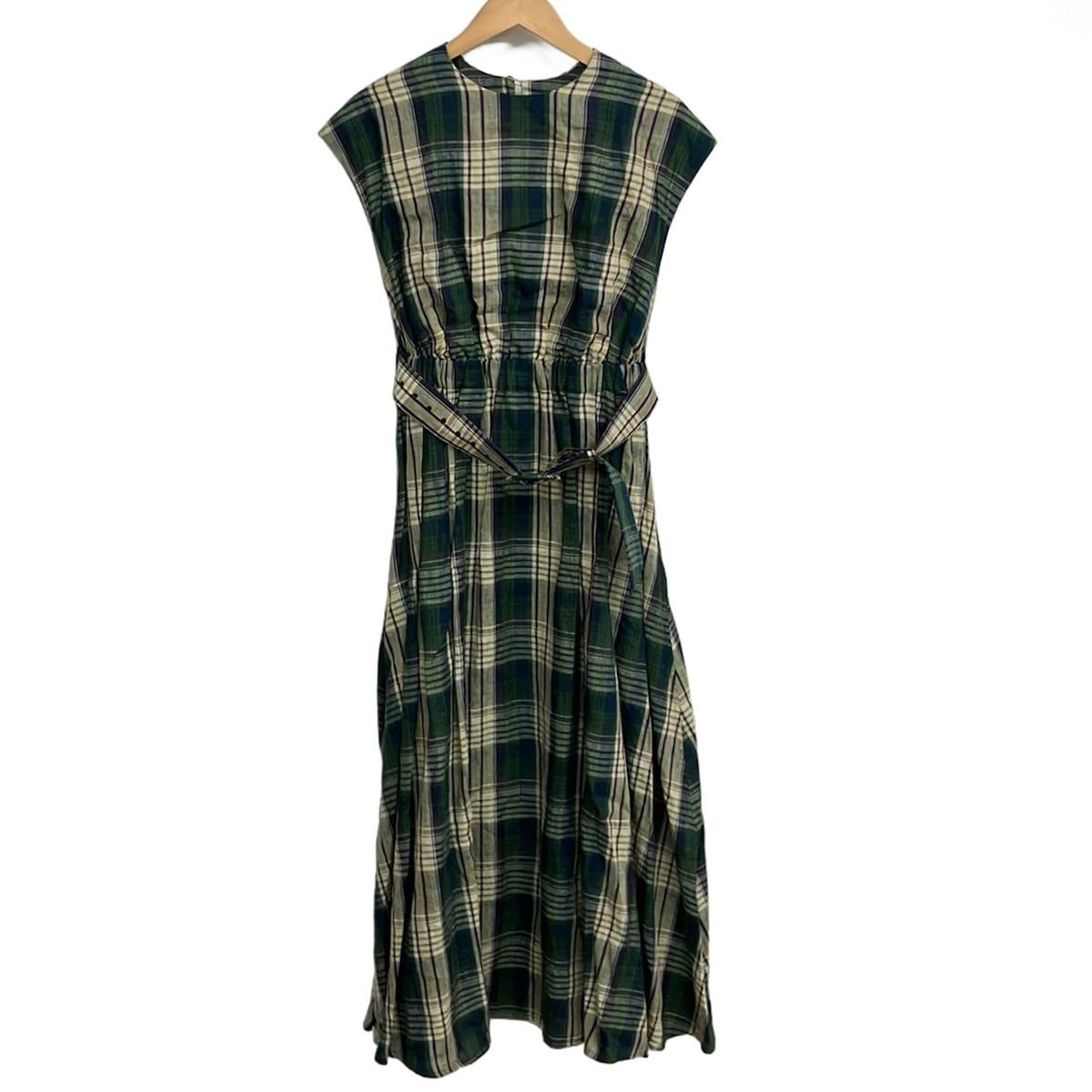 ブルーバード ワンピース サイズS レディース - アイボリー×ダークグリーン×マルチ 半袖 マキシ丈 麻 チェック柄